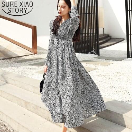 Empire A-Line V-Neck Dresses 2021 Long Sleeve Chiffon Dress Elegant Women Dresses Fashion Korean Button Dot Vintage Dress 8560