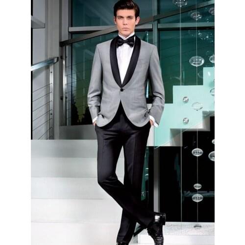 Slim Fits Light Grey Groom Tuxedos Shawl Lapel Mens Wedding Party Dress Busienss Suit (Jacket+Pants+Tie) W:399