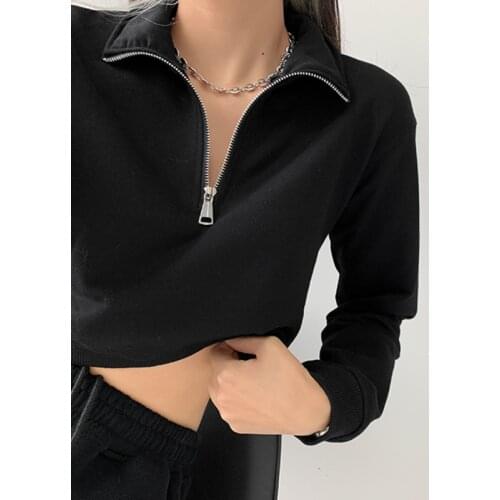 TVVOVVIN Spring Half Open Collar Solid Color Long Sleeve Short Sweatshirt Women Korean Casual Loose Zipper Tops Ll3x