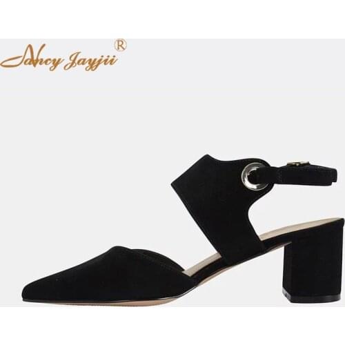 Female Shoes Woman Ladies Pumps Black solid Pointed Toe Ankle-Wrap Buckle Super High Square heels Mature Fashion Elegant 2019