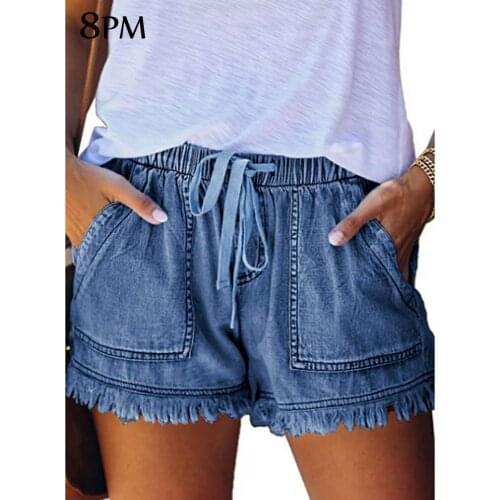 Womens Summer Denim Shorts Casual Elastic Waist Short Pant With Pockets High Waist Curled Slim Shorts Fashion Streetwear ouc1011