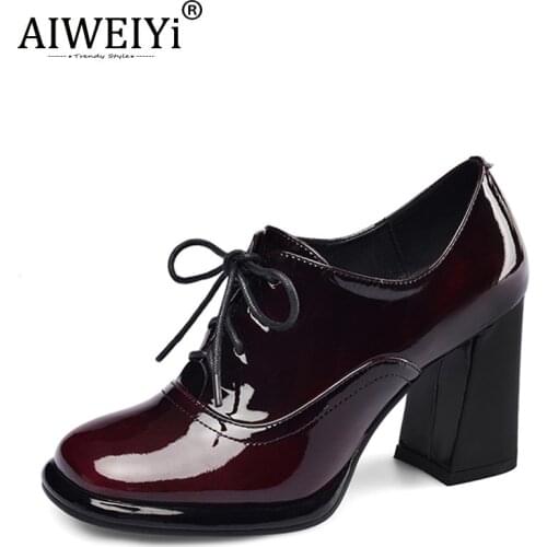 AIWEIYi Women Patent Leather Single Shoes Thick High Heels Lace Up Large Size 43 Womens Shoes British Round Toe Leather Shoes