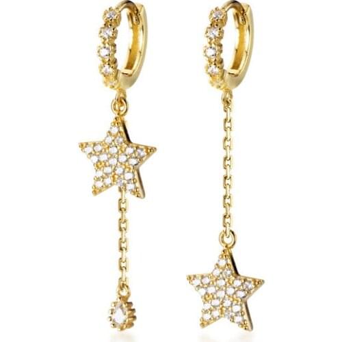 Authentic 100% 925 Sterling Silver fine Jewelry GOLD Star zirconia set hip hop Hoop HUggie Earrings Tassel Bohi gtle2909