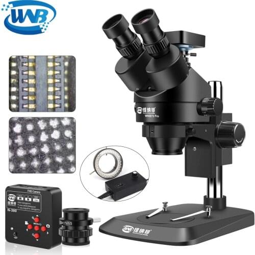 WNB Black 7X-45X Simul-Focal Binocular/Trinocular Microscope Continuous Zoom LED Ring Light Source 3800W Pixel Ultra HD Camera