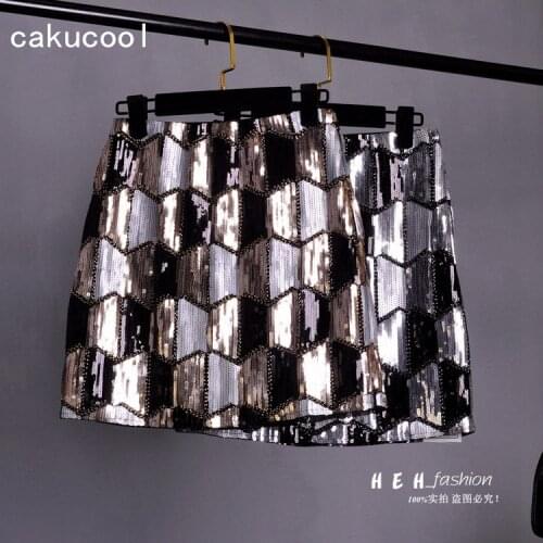 Cakucool Women Retro Gold Sequined Short Skirt Vintage Beading Pencil Skirt High Waist Silver Plaids Silm Party Mini Skirts