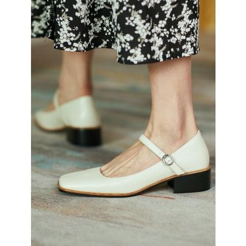 EshtonShero Cow Leather Pumps Women High Heels Thick Pumps Mary Janes Shoes Female Fashion Square Toe Party Shoes Summer