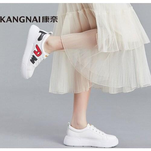 KANGNAI Sneakers Women Shoes Genuine Leather Flat Platform Lace Up Round Toe Female White Casual Shoes