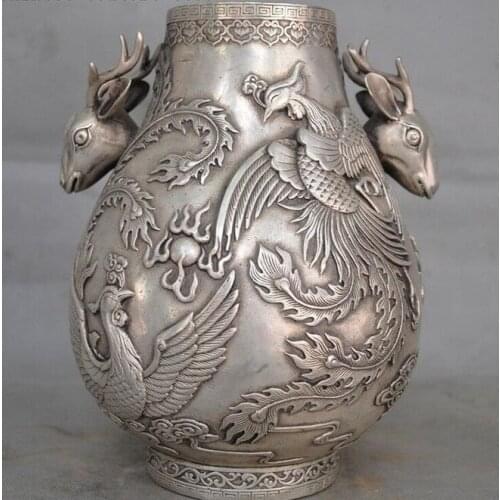 Chinese Tibetan silver deer head phoenix bird statue Zun Cup Bottle Pot Vase Jar