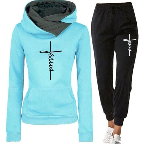 2021 Spring Autumn Women Tracksuit 2 Pieces Sets Hooded Hoodies Sweatshirt and Pants Suits Casual Print Black Sweatpants Female