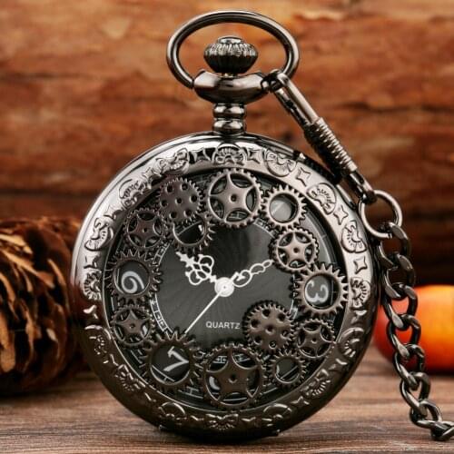 Antique Hollow Gear Quartz Pocket Watch Vintage Gold/Black/Silver Arabic Numerals Display Watches Antique Clock Gifts FOB Chain