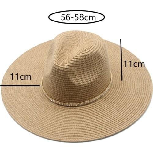 Summer women hats solid wide brim 11cm 7.5cm black khaki straw hats summer spring men women chain casual outdoor women sun hats