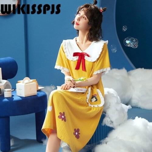 2021 Summer New Lapel Cotton Nightdress Female Cartoon Little Girl Flower Lovely Home Clothes Nighty for Ladies Yellow Nightgown