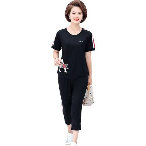 Mom Summer Casual Set Middle-aged Womens Short Sleeve T-shirt Fashion Round Neck Embroidered Two-piece Set O-neck