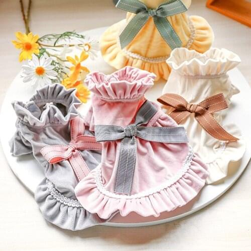 Pet Cat Ruffled Patched Princess Sweet Bowtie Dress Solid Color Dog Clothe New-Cat Dog Princess Dress Puppy Skirt Clothes