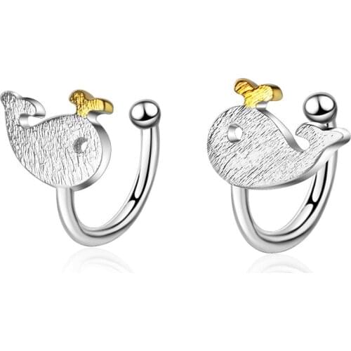 Cute Little Whale Dolphins Ear Clips 925 Sterling Silver Earrings For Women
