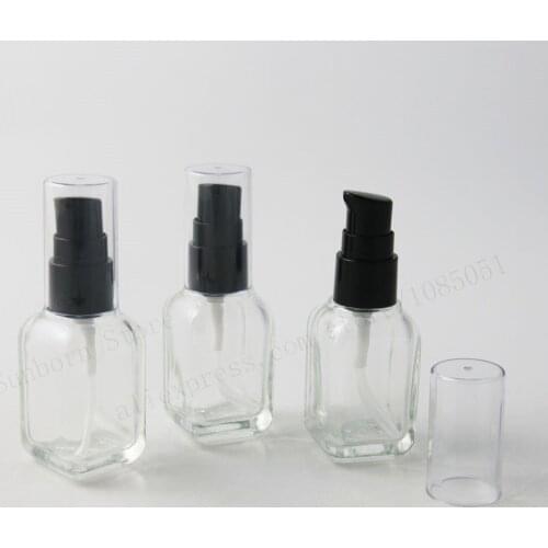 New Arrival! 1OZ Clear/Transparent Square Glass Bottle With Black Pump 30ml 30cc cosmetic essential oil Lotion bottle