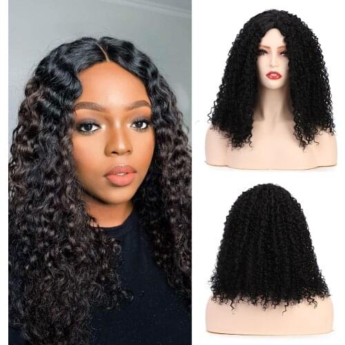 Black Curly Synthetic Hair Lace Wigs Middle Part Heat Resistant Glueless Long Wavy Hair Afro Wigs for Black Women 14inch