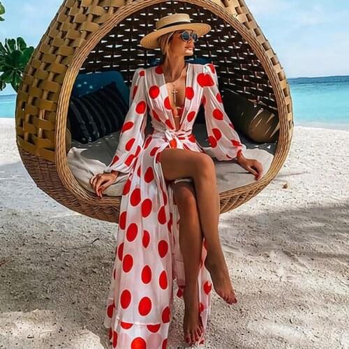 Beach Dress 2021 Bikini Cover Up Print Bathing Suit Women Kimono Plus Size Tunic Sexy Long Sleeve Swimwear Cover-Ups