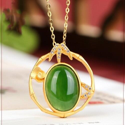 S925 Sterling Silver Genuine Gold Plated Natural Hetian Jasper Jade Pendant