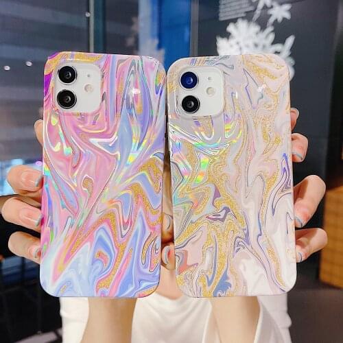 Marble Phone Shell for iPhone 12 11 Pro Max XR XS 7 8 Plus SE 2020 Case Glitter Watercolor Soft IMD Shockproof Protection Cover