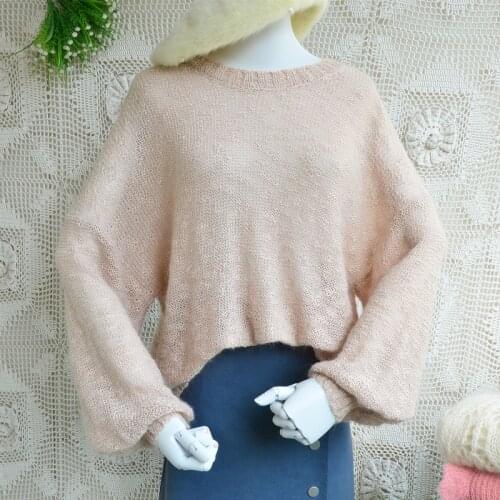 Ladies women spring fall hairy mohair fashion loose long lantern sleeve round neck pullover angora goat wool jumper sweater pull