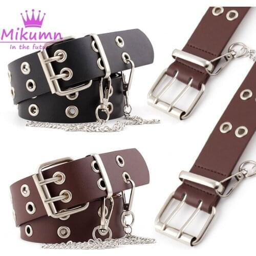Rock Punk Style Women Belts Street Hip Hop Strap Chain Black Double Pin Buckle Female Belt Jean Belt