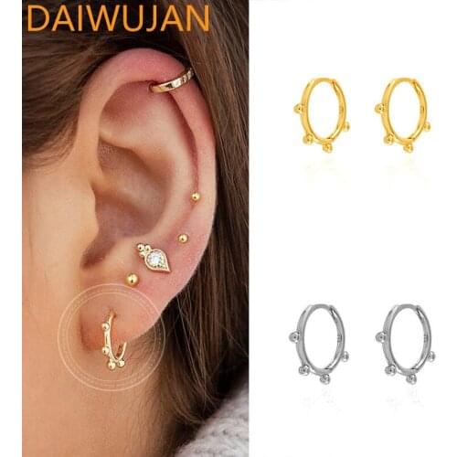 DAIWUJAN Classic Small Round Beads Gold Hoop Earrings Punk Simple Circle Women‘s Earring 925 Sterling Silver Ear Pierced Jewelry