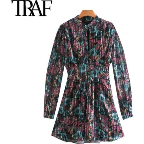 TRAF Women Chic Fashion Floral Print Metallic Thread Mini Dress Vintage Long Sleeve With Lining Female Dresses Mujer