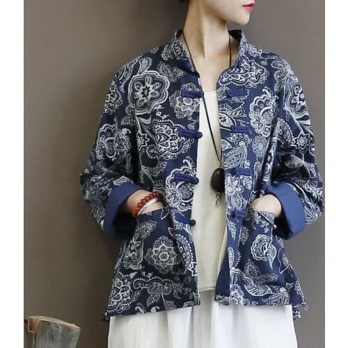 Women Chinese Ethnic Style Print Coat Retro Long Sleeve Qipao Tops Zen Tea Casual Cheongsam Cardigan Oriental Jackets Blouse