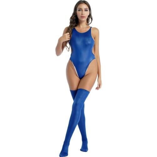 Womens Sexy Beachwear Swimwear Erotic Lingerie Set Faux Leather Jumpsuit Hollow Out Back High Cut Skinny Bodycon with Stocking