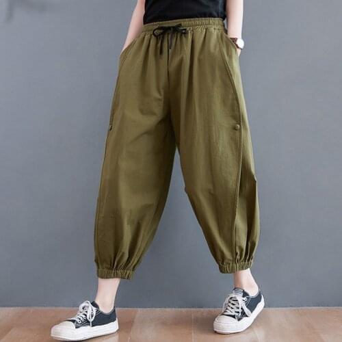 Women Summer Loose Casual Harem Pants New 2021 Simple Style Solid Color Elastic Waist Female Cotton Calf-length Pants B622
