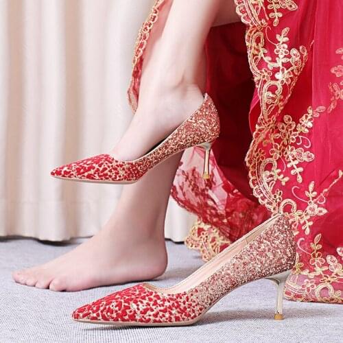 Stunning2021 Wedding Women New Bridal Sequin Single Thin Heel Gold Dress Crystal Shoes Bridesmaid Red High Heels