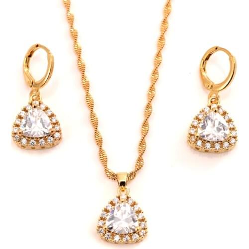 Gold cz Waterdrop crystal Pendant Necklace chain Earrings sets Jewelry Gold Christian jewelry sets for women girl Best Gifts
