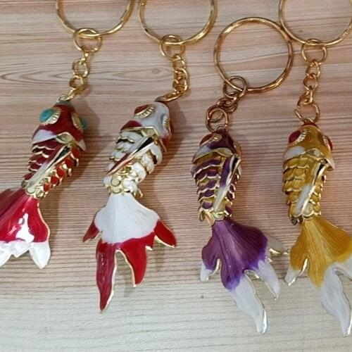 10pcs Large Vivid Oscillate Cloisonne Fish Keychains Keyrings Chinese Enamel Goldfish Animal Fancy Keychain Women Men Kids Gift