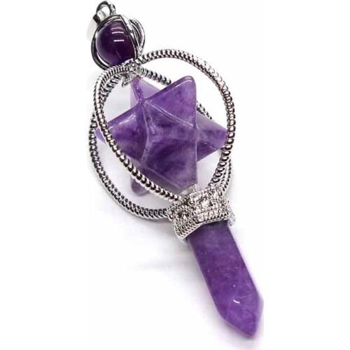 100-Unique Classic Silver Plated Hexagon Column Merkaba Natural Purple Amethysts Pendant Sceptre Jewelry