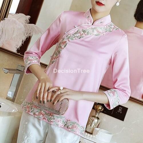 2021 womens casual satin tang shirt chinese cheongsam blouse ladies solid qipao tops flower embroidery stand collar shirt