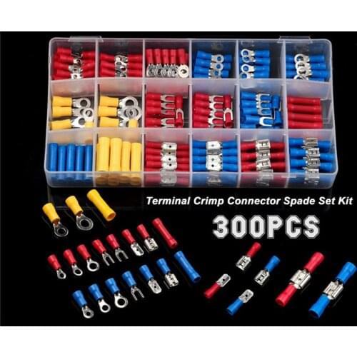 300Pcs Assorted Spade Terminals Insulated Cable Connector Electrical Wire Crimp Butt Ring Fork Set Ring Lugs Rolled Kit