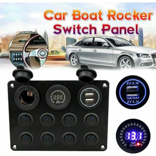 8 Gang Boat Switch Panel Car Switch Waterproof Digital Dual USB 12-24V Outlet Voltmeter Port Marine Combination LED Rocker