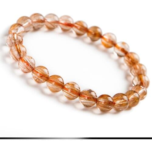 8mm Elegant Natural Copper Hair Rutilated Quartz Crystal Round Beads Stretch Bracelets