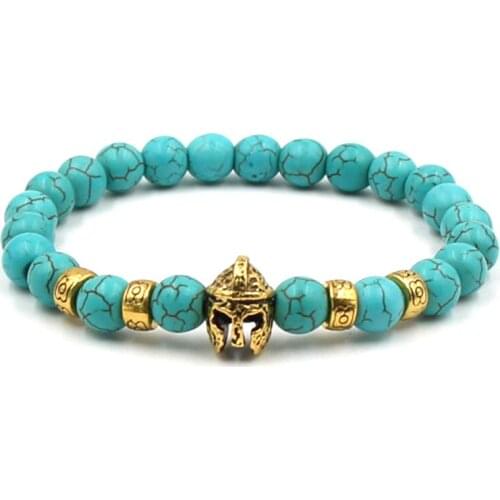 Antique Gold Roman Knight Spartan Warrior Gladiator Helmet Bracelet Men Black Lava Stone Bead Bracelets For Jewelry