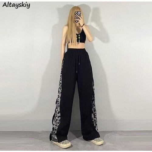 Casual Pants Women Patchwork Ladies Full Length Cool Streetwear High Waisted Korean Style Wide Leg Trousers Students Girlfriend