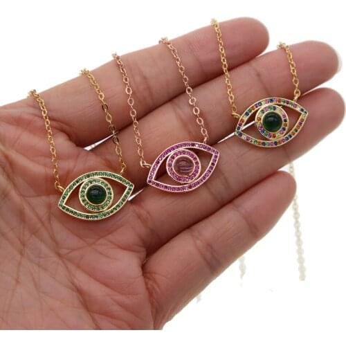 Gold color rainbow green pink red colorful evil eye link chain 3 colors lucky turkish Bohemia pendant for women Fashion necklace
