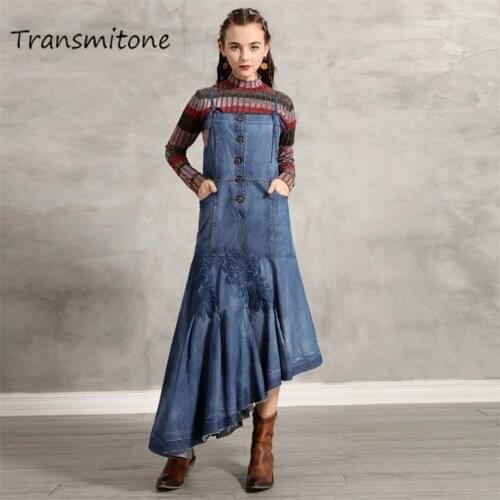 Denim Womens Dress 2019 Vintage Embroidery Braces Dresses Asymmetrical Long Women Strap Dress Vestidos 82193 Draped Dress