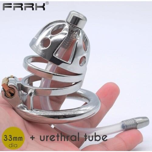 FRRK Standard Male Chastity Device Cock Cage with Urethral Tube Catheter Penis Rings BDSM Shop Sex Toys for Adults 18 Man