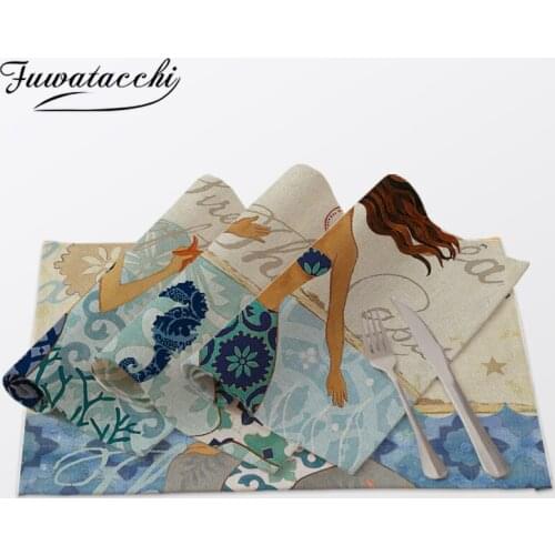 Fuwatacchi Mermaid Photo Decorative Placemats For Dinning Table Mats Turtle Seahorse Printed Cotton Linen Kitchen Tableware Pads