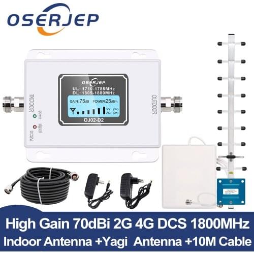 GSM LTE 1800 LCD 70dB 2g 4g Cell Phone Signal Repeater DCS 1800MHz Mobile Amplifier GSM Signal Booster + Yagi /Panel Antenna