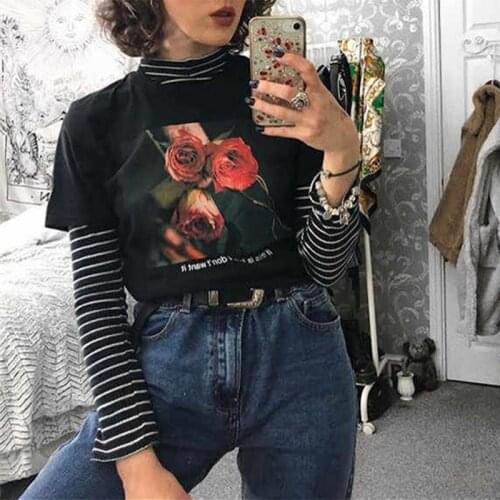 Vintage casual women Summer tees Harajuku new rose print tops letters large size O-neck loose punk fun Ulzzang ins T-shirt
