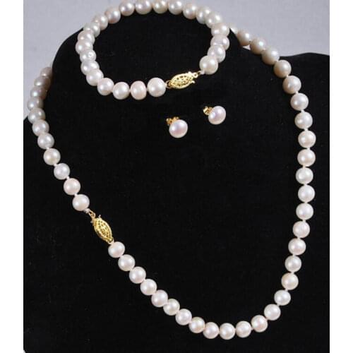 Set of 8-9mm south sea round white pearl necklace &earring &bracelet 14k KKK