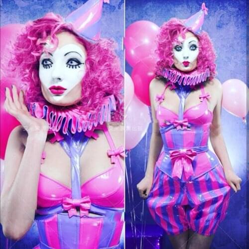 Nightclub rose red hit color bow circus style Clown leather costume bar GOGO cosplay dance costume