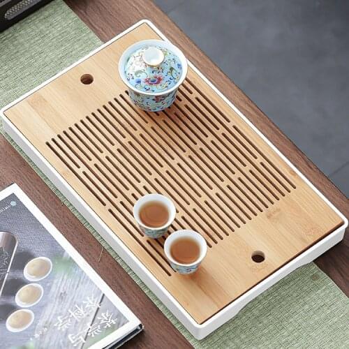 Minimalist Bamboo Tea Tray Chinese Creative Vintage Wooden Serving Tray Gong Fu Tea Set Bandeja Madera Kitchen Supplies DK50TT